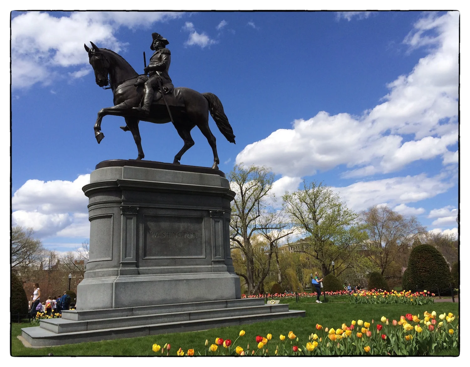 Tulips in front of the Washington statue in the Boston Public Garden, shot May 2, 2014.