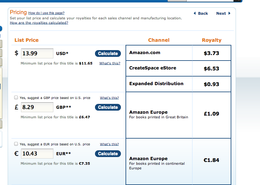 Print book pricing for various distribution channels. . .