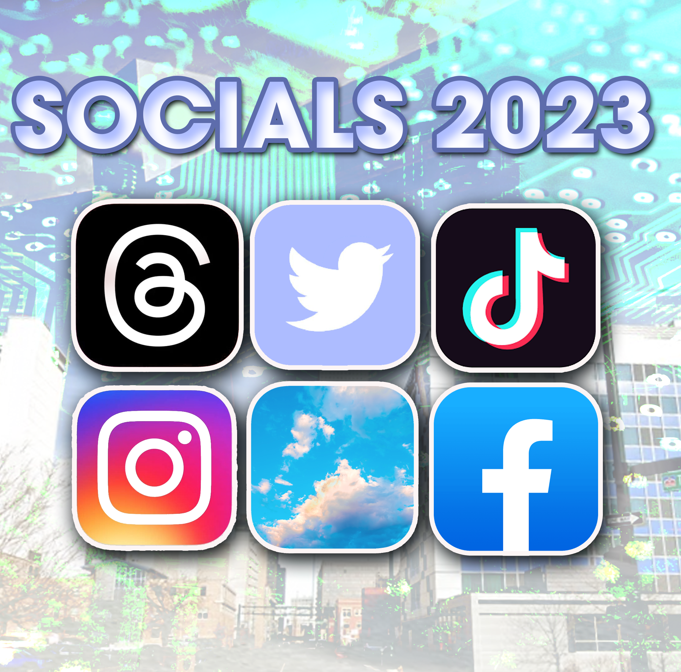 a social media website graphic including Threads Twitter TikTok Instagram Bluesky and Facebook.