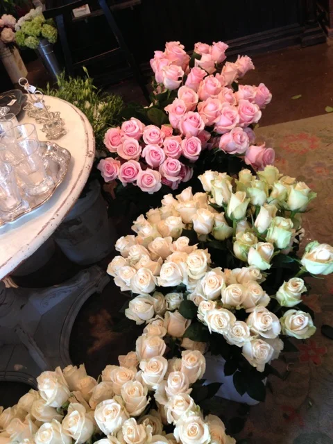 Just back from the LA Flower Mart with hundreds of roses in shades of whites, creams, and blush.
