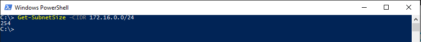 Get-SubnetSize -CIDR ’172.16.0.0/24’