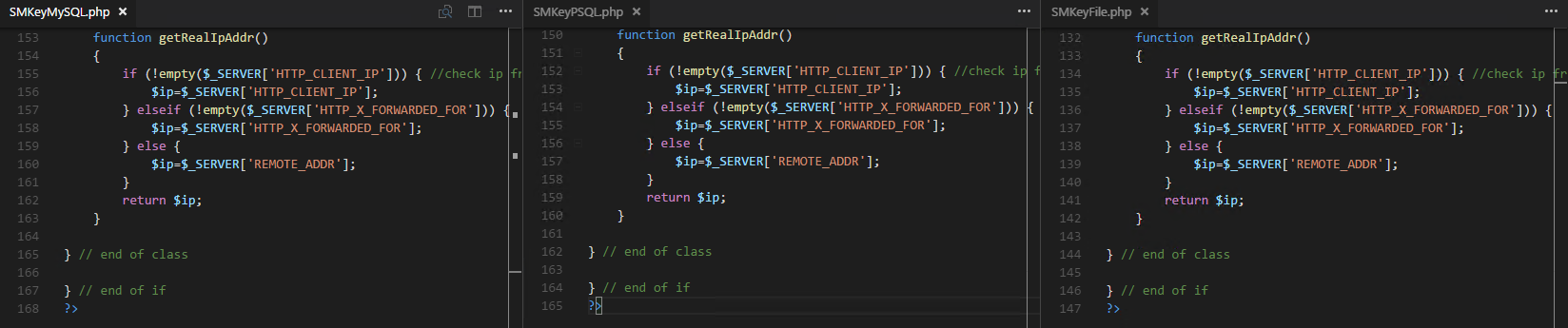 Code to determine the clients IP address is repeated throughout. Here are just 3 examples.
