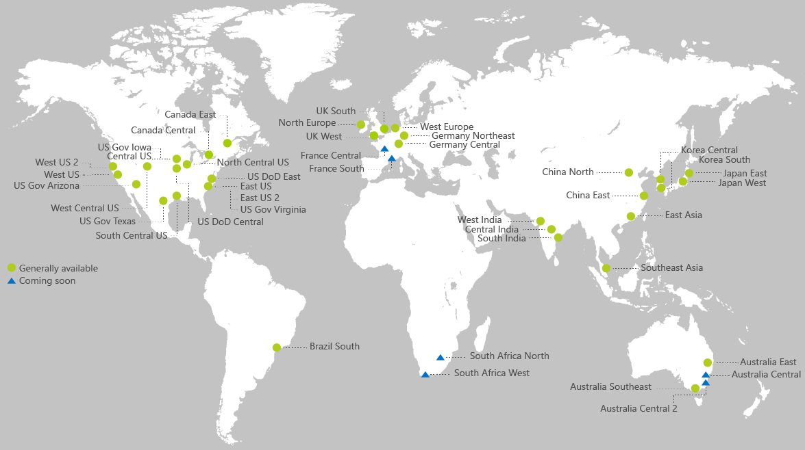 Map of Azure Regions as of February 2018