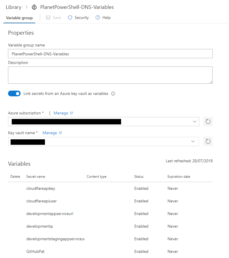 VSTS variable group.