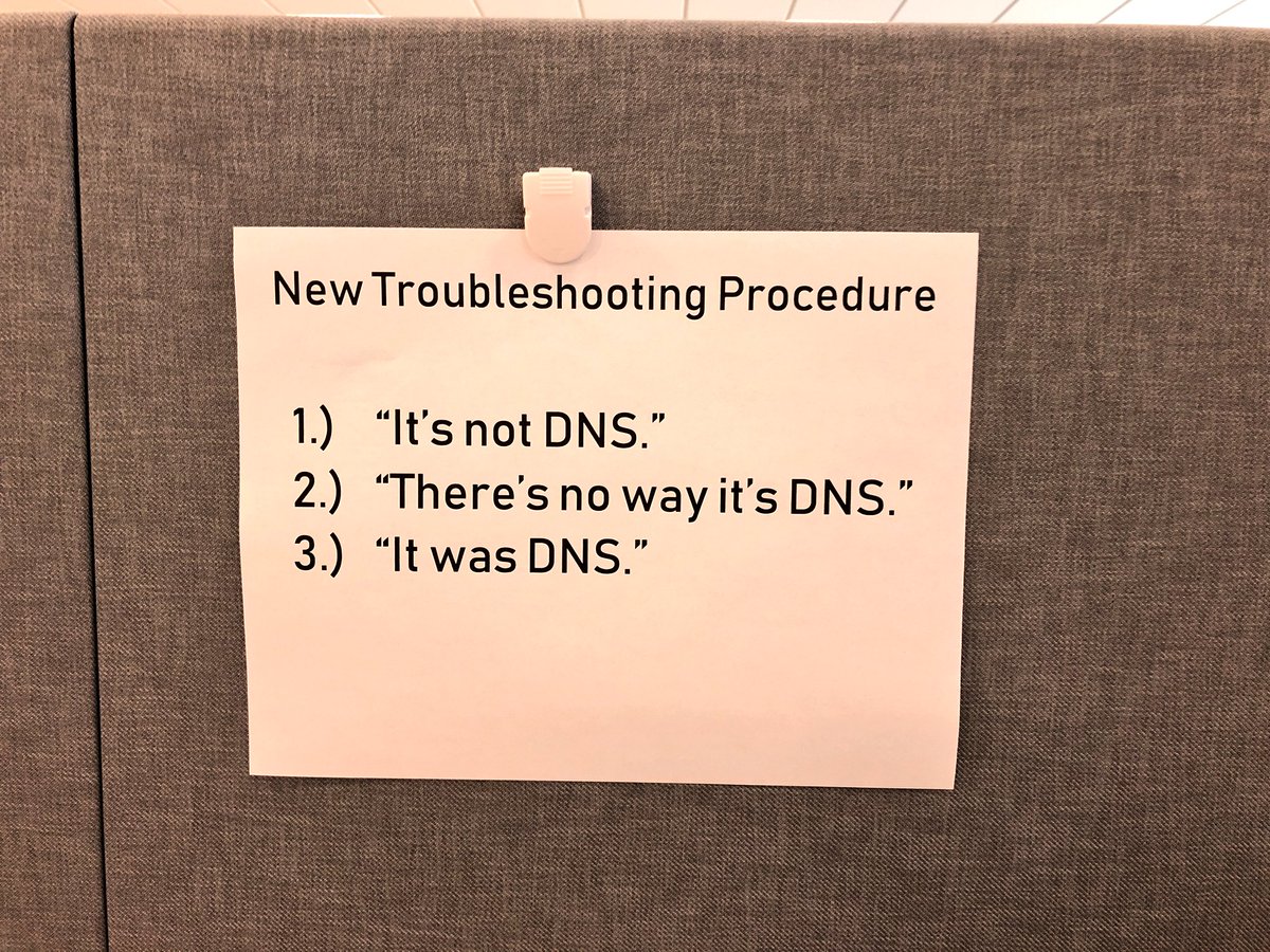 New Troubleshooting Procedure: 1) It's not DNS. 2) There' s now way it's DNS. 3) It was DNS.