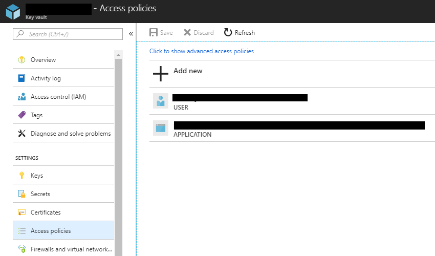 Key Vault access policies.