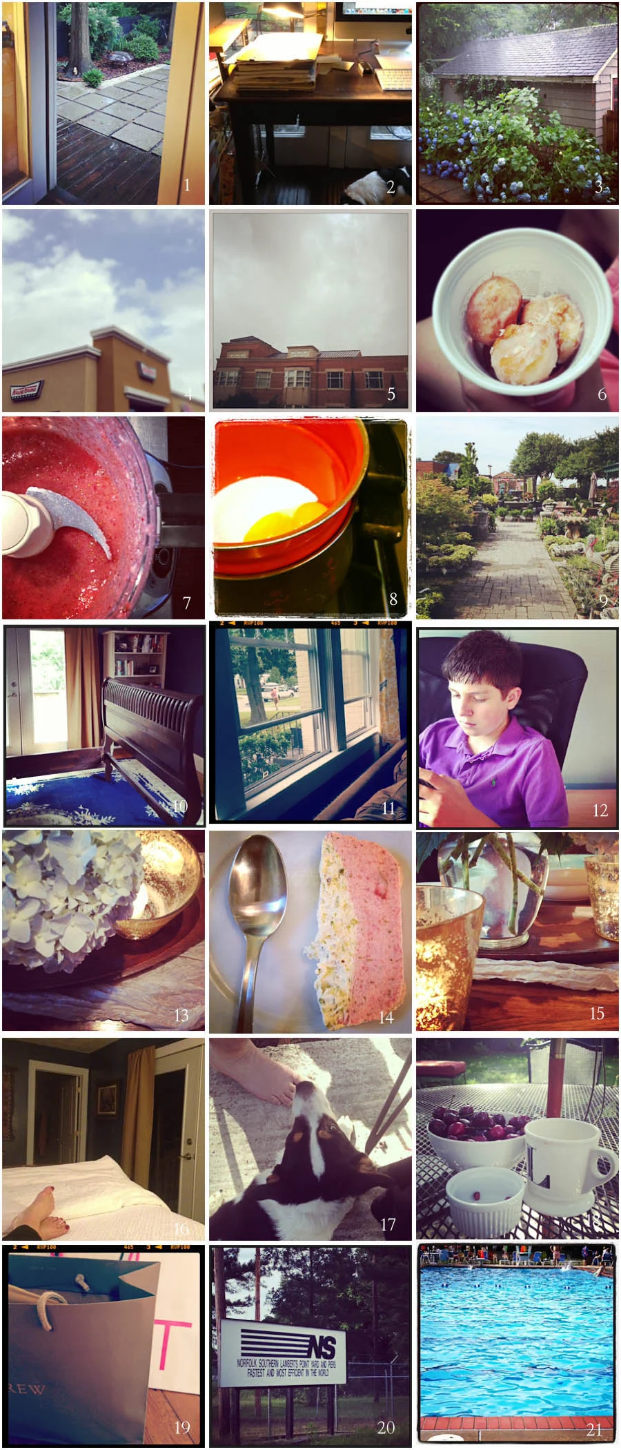 1. doors open | 2. lamplight companion | 3. TS Andrea | 4. National Donut Day | 5. Really, really the last day of school | 6. Donut holes | 7. Strawberries | 8. My mom's double boiler | 9. Garden Center = Neel's happy place | 10. Room rearrange | 11. Windows open | 12. Cal goes campaigning | 13. Tabletop | 14. Dessert | 15. Tabletop | 16. New view | 17. Violet by our side | 18. Sunday Breakfast | 19. A little shopping | 20. Norfolk Southern | 21. Evening poolside
