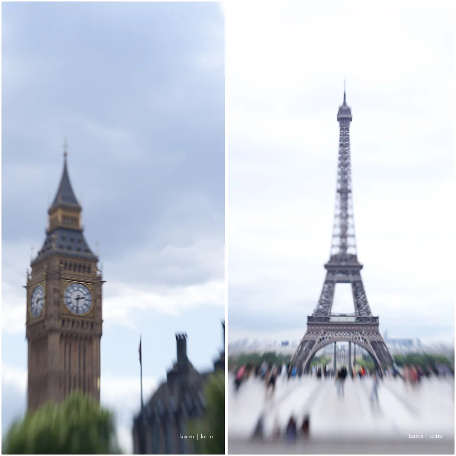 Big Ben and the Eiffel Tower, seen through the Lensbaby