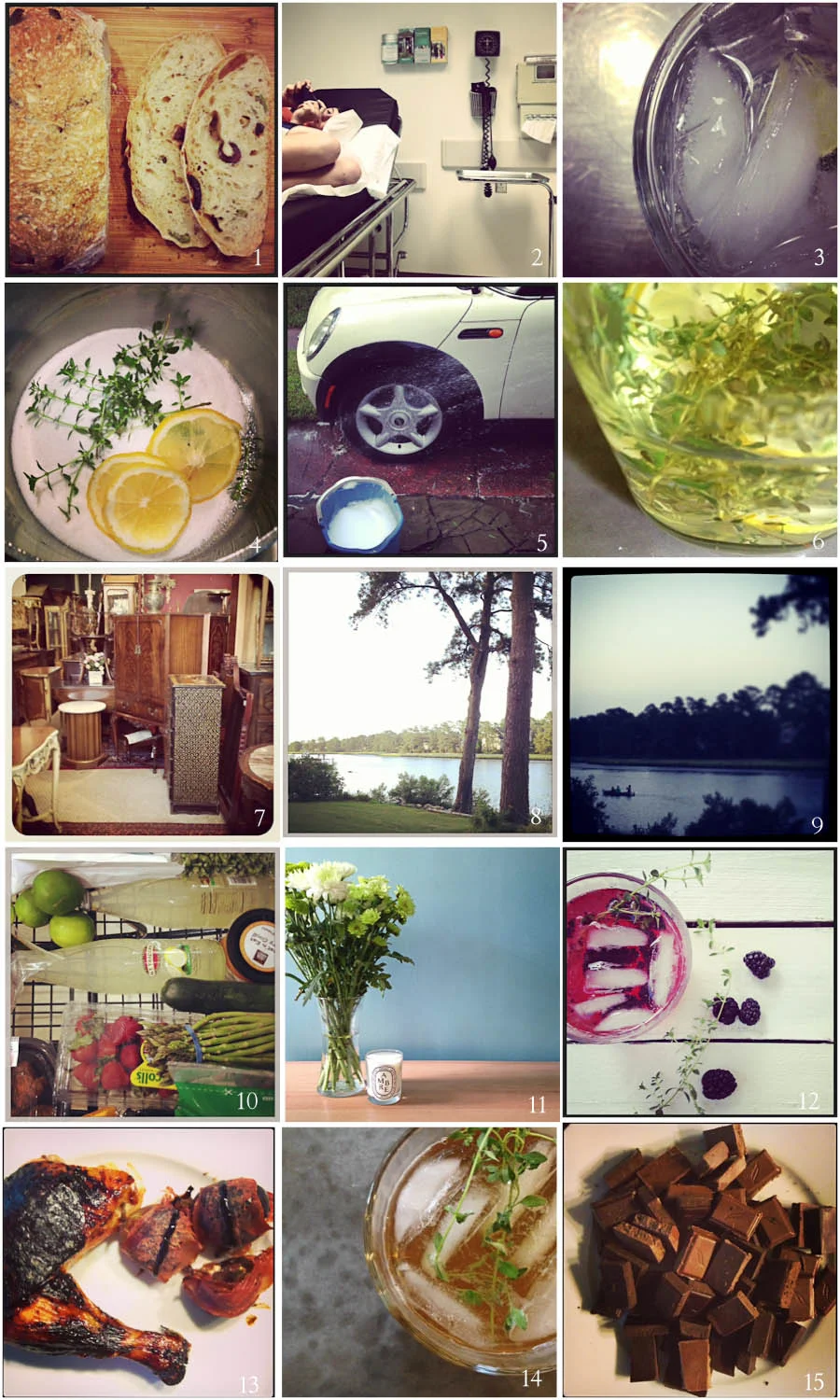 1. Best Bread Ever | 2. Urgent Care (again) | 3. Medicinal | 4. Start of Simple Syrup | 5. Bath | 6. Simple Syrup | 7. Coffee Table Hunt | 8. Party House | 9. Evening Boat | 10. Grocery Cart | 11. Diptyque | 12. New Cocktail | 13. Sunday Dinner | 14. Pimms | 15. Simple Dessert