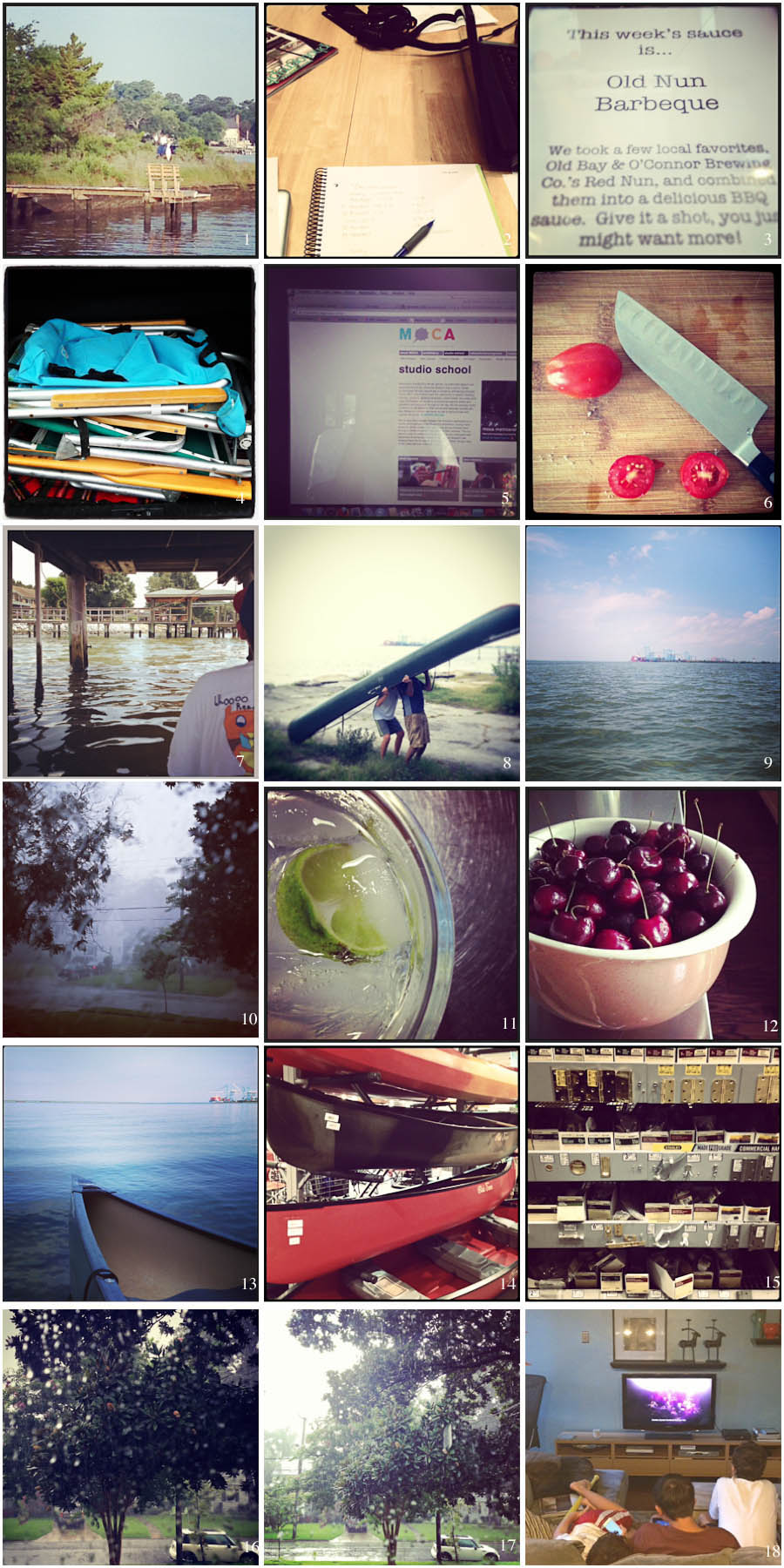1. Morning Walk | 2. Brainstorming Session | 3. Cal's Choice for dinner | 4. Beach life | 5. Exciting autumn ahead | 6. Harvest | 7. Slow-paddle Sunday | 8. Portgage lessons | 9. My river | 10. Big Storm | 11. Sampling BSE | 12. Sunday morning cherries | 13. Morning paddle | 15. I guess we're in the market for a canoe | 16. Hardware | 17. Summer storm | 18. Sun Storm | 19. Happy together