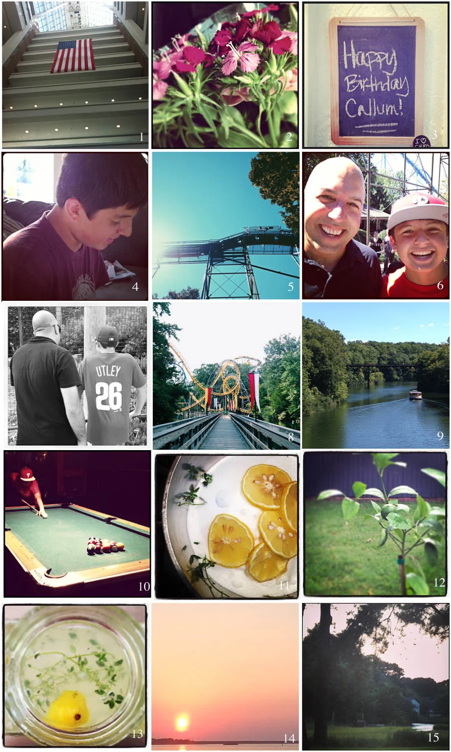 1. US Patent Office | 2. Birthday Flowers | 3. The Big Day | 4. Opening Presents | 5. Coaster Heaven | 6. My guys | 7. Almost as tall as Papa | 8. Beautiful Busch Gardens | 9. My kind of ride | 10. Post-park pool | 11. Simple syrup | 12. Lemon tree | 13. Lemonade | 14. River Sunset | 15. Marsh at twilight