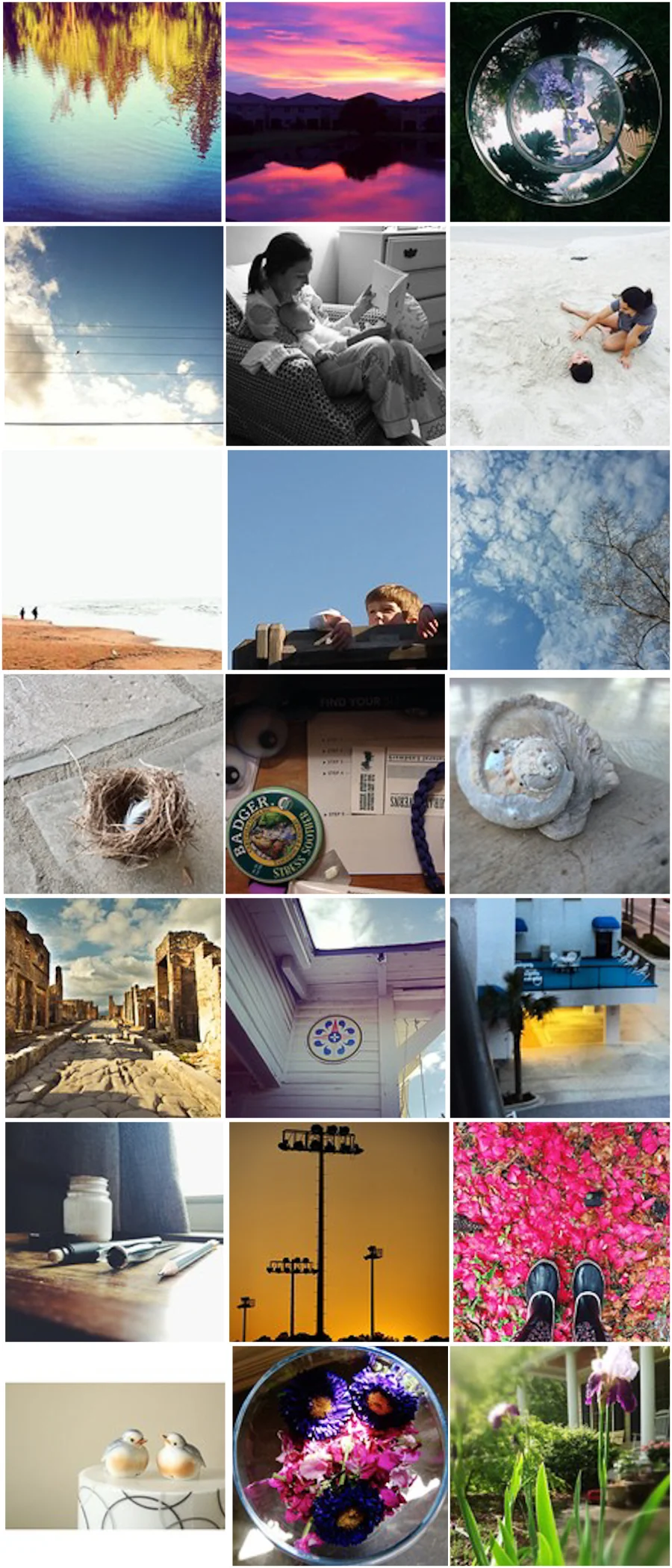 Row One {Reflection }: cleggosarus | atha_94 | maggiemuses ; Row 2 { Tiny }: delyndaw | mlkmoore (private) | nmsullivan0909 ; Row Three { Negative Space }: pkimball60s | jenni_429 | nobleandpond ; Row Four { Found }: mjkeim | bodaciousbread | hildi74 ; Row Five {Architecture}: tempusfugitrapidus | beemer123 | tabender70 ; Row Six { down low }: bedsidedesign | myfourbabes (private) | mawlovesbsd ; Row Seven { Memory }: tkreisky | shalaghhogan | we_are_blessed