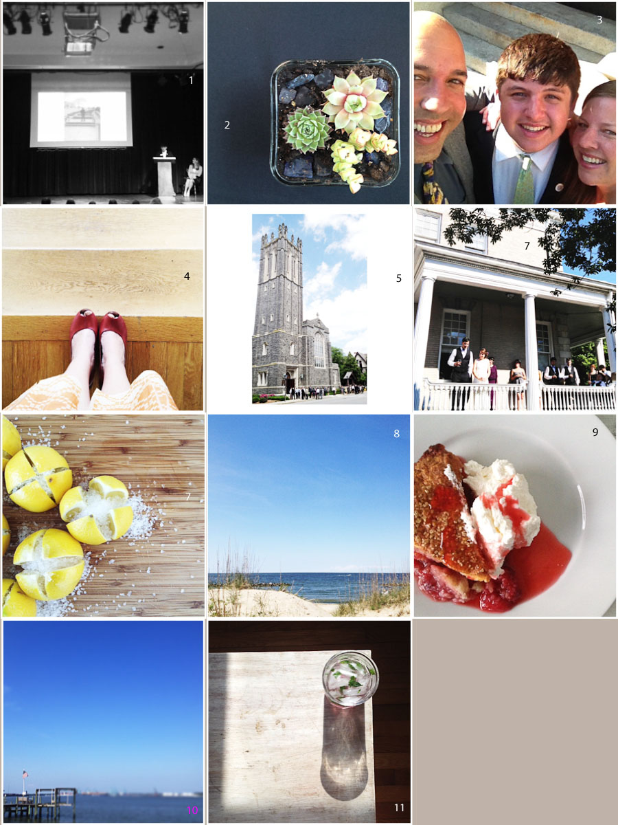 1. speech day | 2. I made this! | 3. celebration dinner | 4. wedding shoes | 5. gorge church | 6. (7?) gorge wedding | 7. preserving lemons | 8. beach day | 9. I made this! | 10. memorial day blue + red | 11. twilight monday night