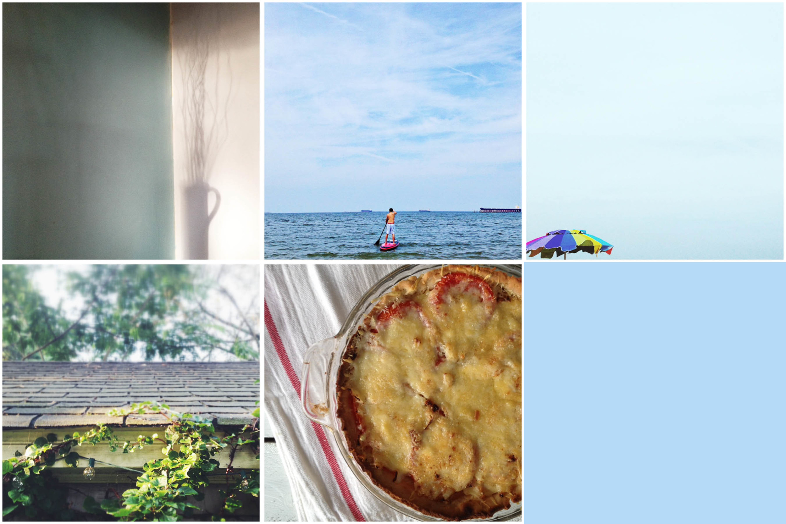 Row 1: morning sunlight | paddleboarding | beach time; Row 2: Morning in Neel's garden | tomato pie