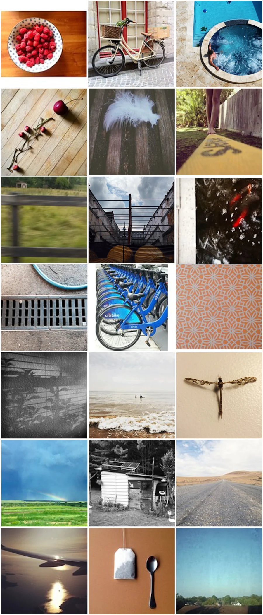 Row 1 , Simple : bavardises , beemer123 , delyndaw ; Row2 , Leading Lines : tdsuth , tempisfugitrapidus , cherylsorg ; Row 3 , Distortion: jenni_429 , so_happy_hearted ; lizz622 ; Row 4 , Repetition : homestilo , surfnsteph , algbeyer ; Row 5, Shadow : atha_94 , mawlovesbsd , bodaciousbread ; Row 6 , Boundless : chris_coco_olsen ; loisaidanest , plumedpdx; Row 7 , Morning : dawnpearcy , annacgunn , greenwithrenvy