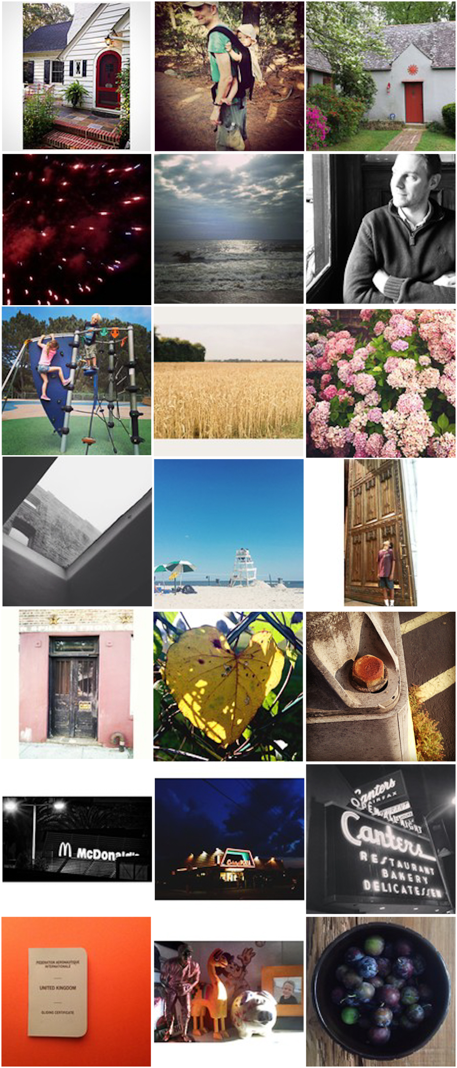 Row 1 , Home : expectjoy1111 , homestilo , mjkeim ; Row 2 , Beyond : imagine1impossible , islachicashoots , likewantneed ; Row 3 , 3PM: cherylsorg, kjmrichards , greenwithrenvy; Row 4, Look Up : maggiemuses, bedsidedesign, surfnsteph ; Row 5 , Decay : living_in40 , nmsullivan0909 , liflandonlocation; Row 6 , Neon : macfilipe , tkreisky , beemer123 ; Row 7, Treasure : annacgunn , shalaghhogan , dawnpearcey