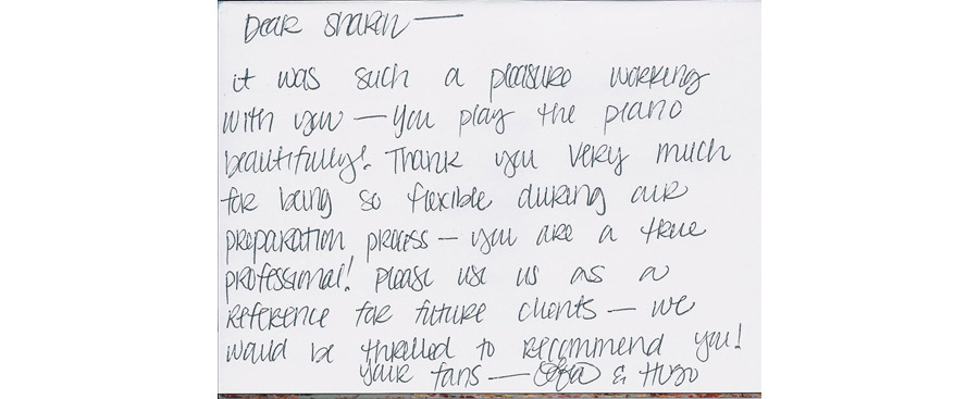 thank you note to Wedding Pianist, Sharon Planer