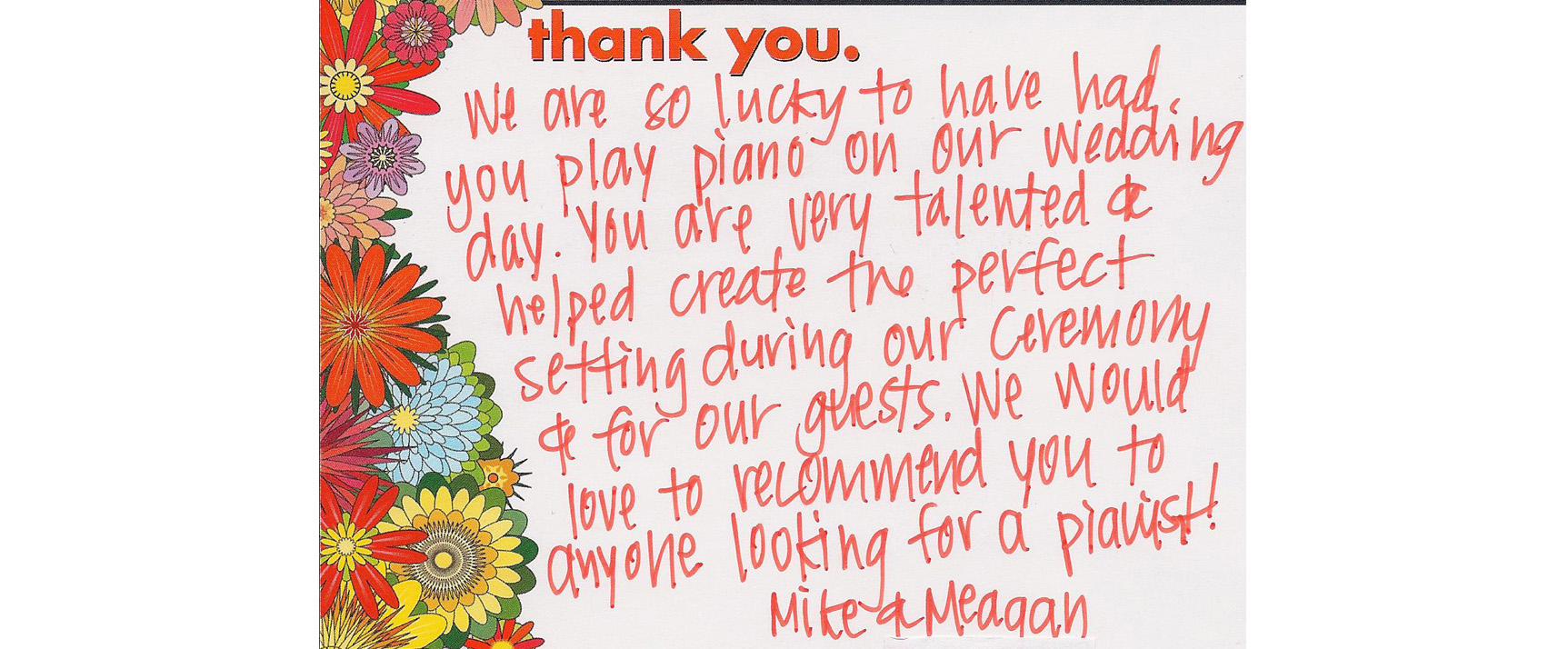 Wedding music thank you note to Pianist for Parties