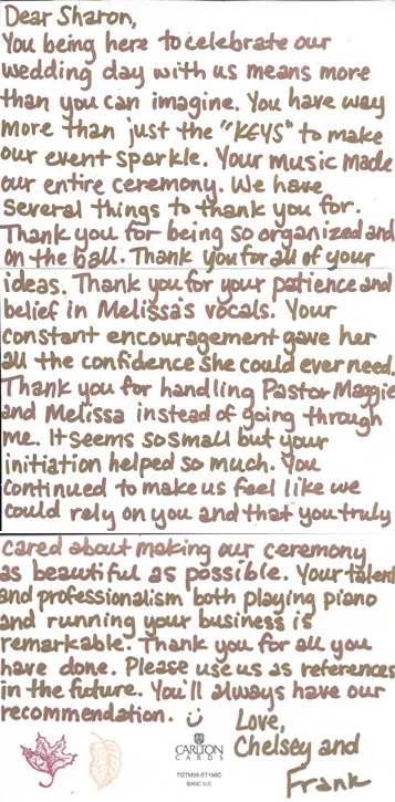 Thank you note for piano wedding music at Earle Brown Heritage Center, Oct. 2012.