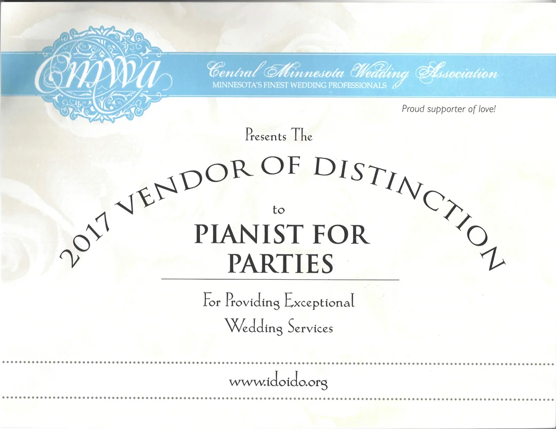 2017 Vendor or Distinction awarded to Sharon Planer Pianist for Parties