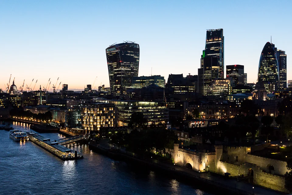 The Tower of London, the Walkie-Talkie, the Cheese-Grater and the Gherkin. Taken from the event space at the top of Tower Bridge at dusk, while waiting for speeches to finish. 