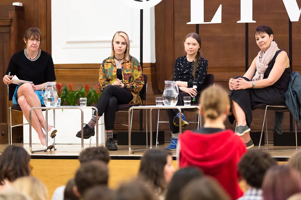 Anna Taylor, Greta Thunberg & Caroline Lucas at a Guardian Live panel in London. 