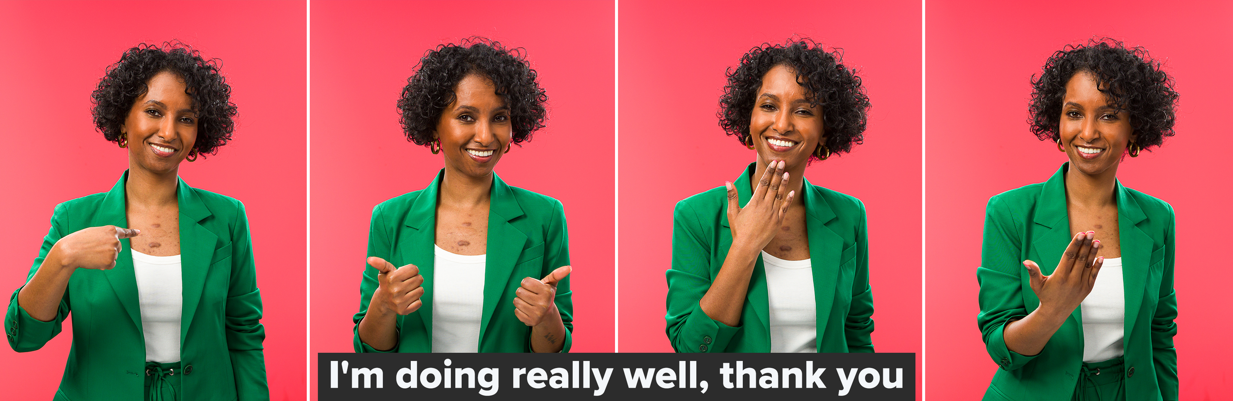 Deaf influencers and twins Hermon and Heroda teaching BSL for "I'm doing really well, thank you."