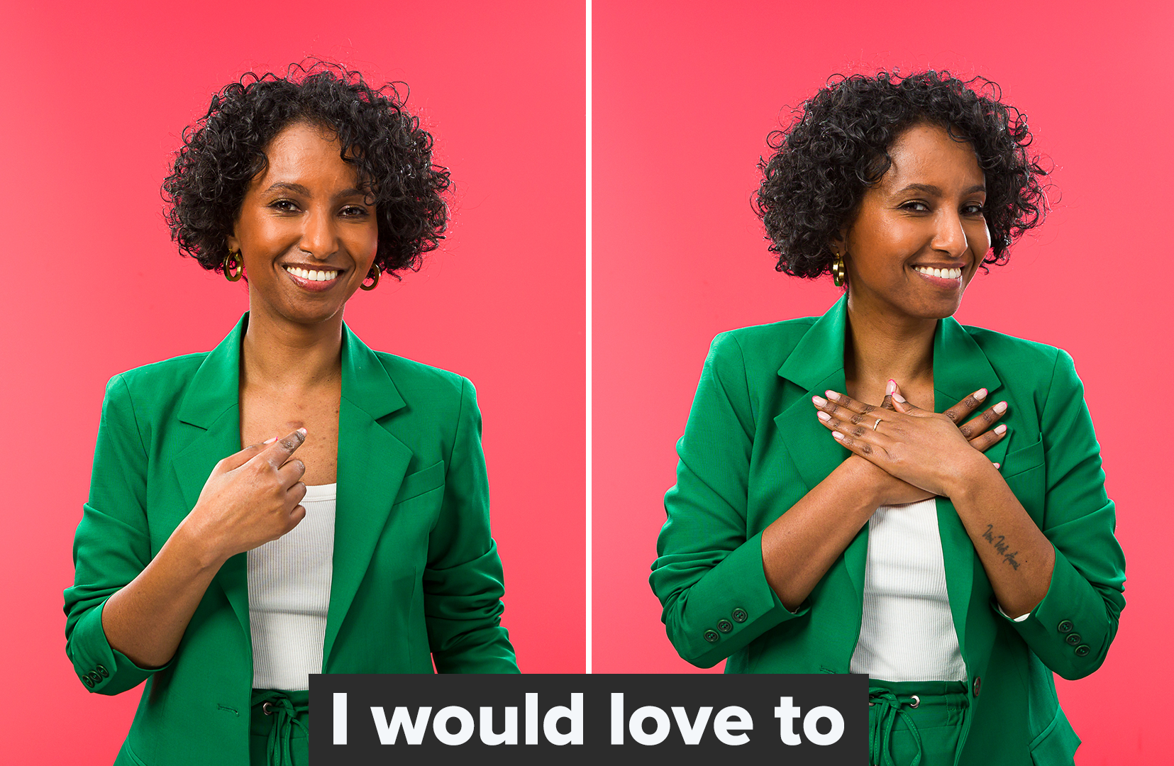 Deaf influencers and twins Hermon and Heroda teaching BSL for "I would love to."