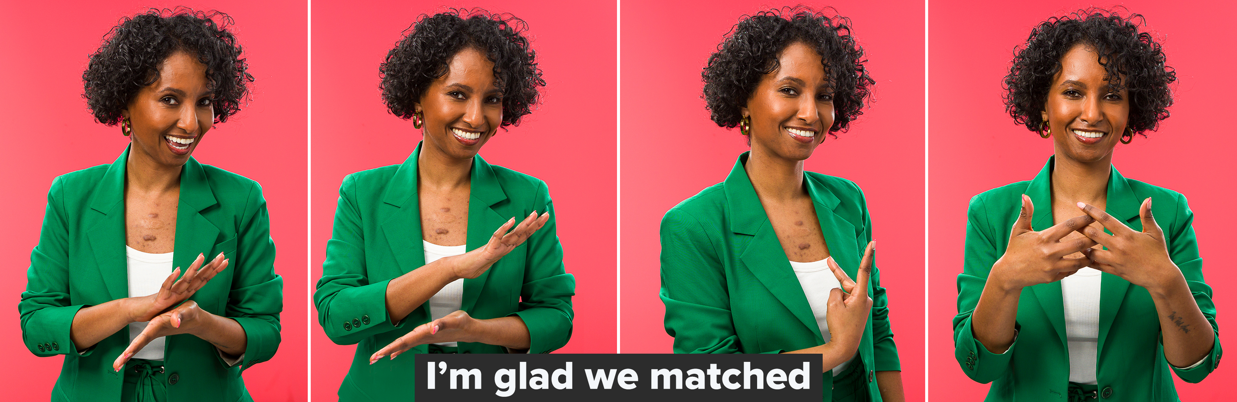 Deaf influencers and twins Hermon and Heroda teaching BSL for "I'm glad we matched."