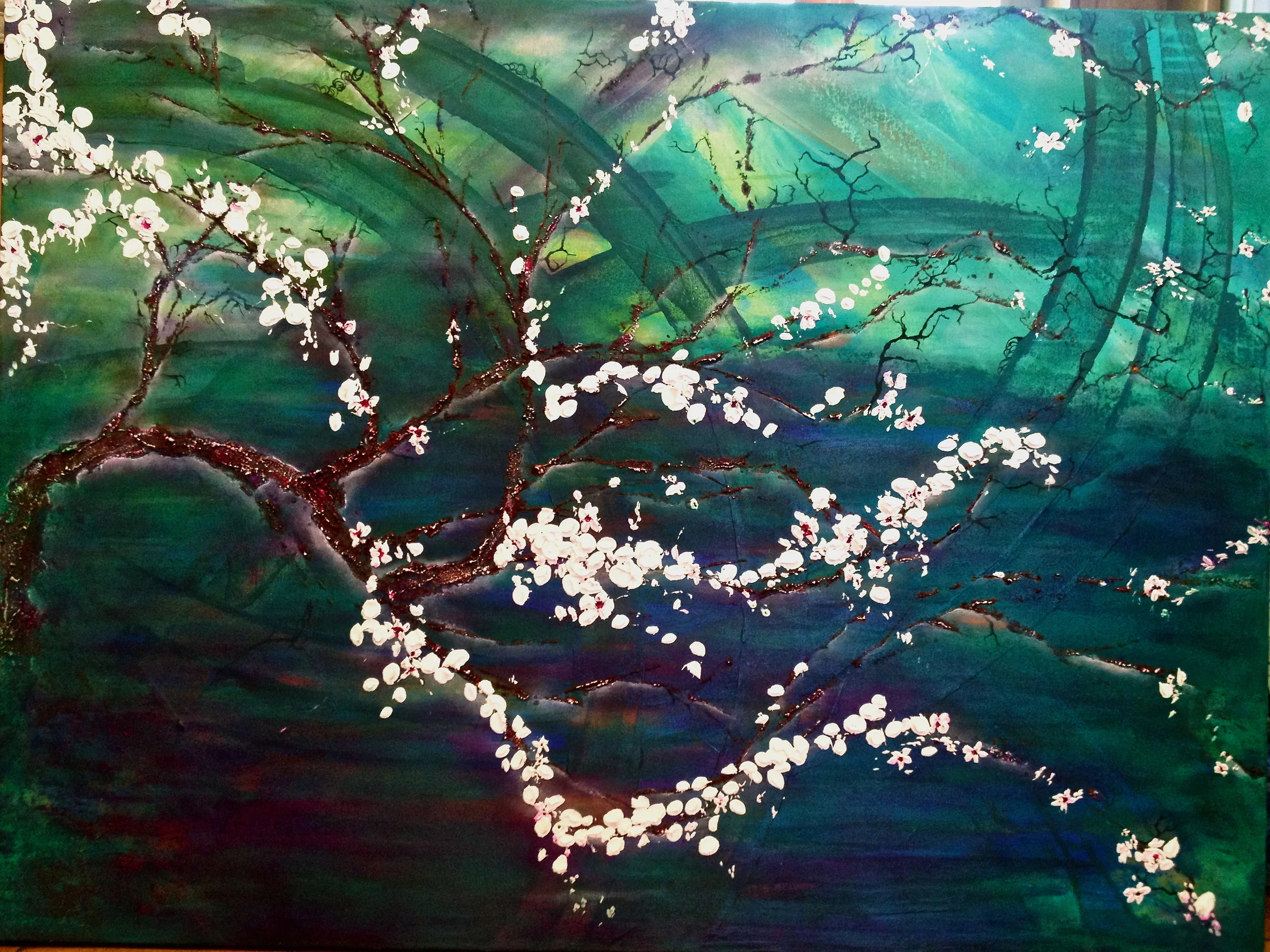 "Weeping" finished 48 x 36 Heavy texture on tree/cherry blossoms