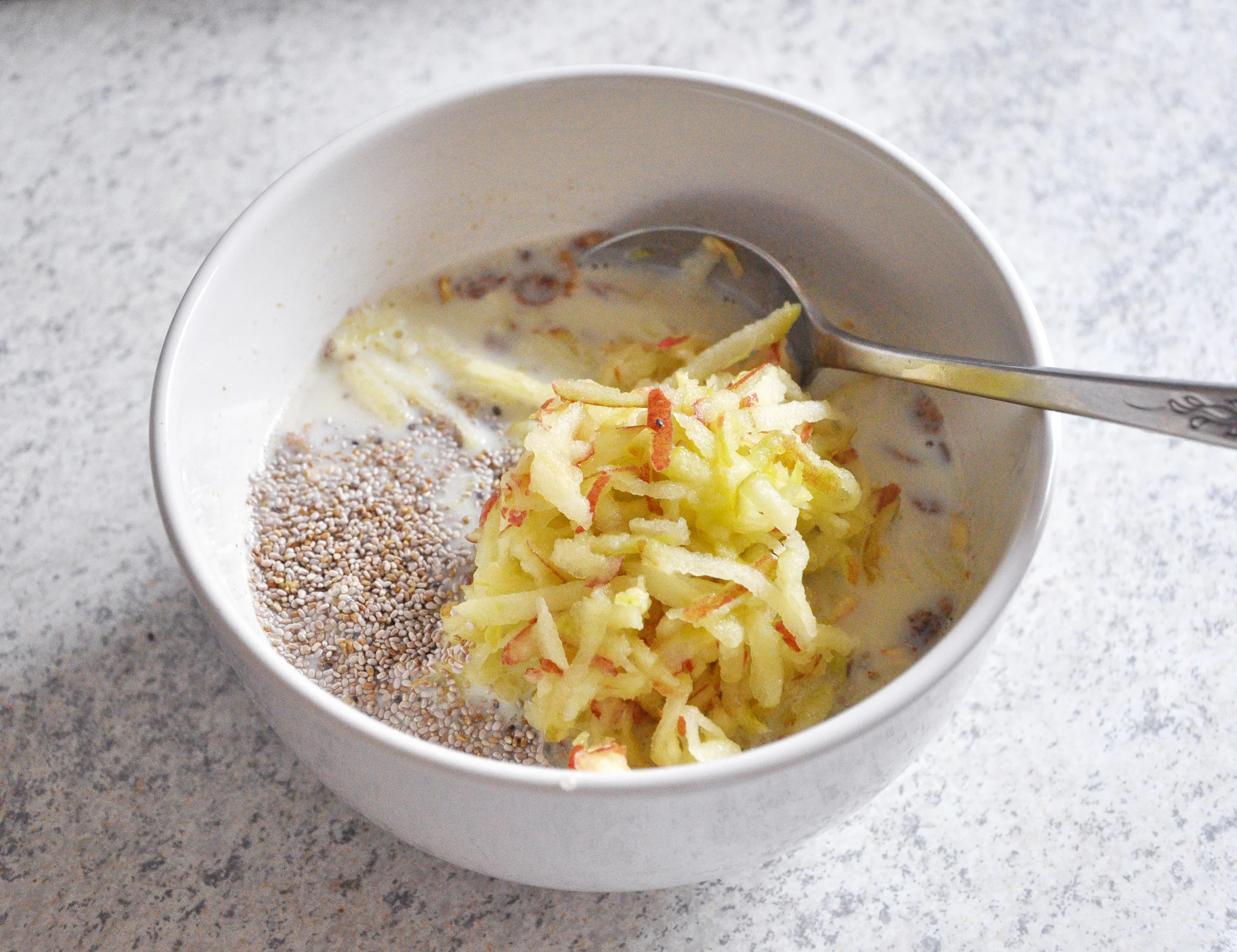 cooked oats with chia and apple premixed (see how liquidy the oat mix still is below)