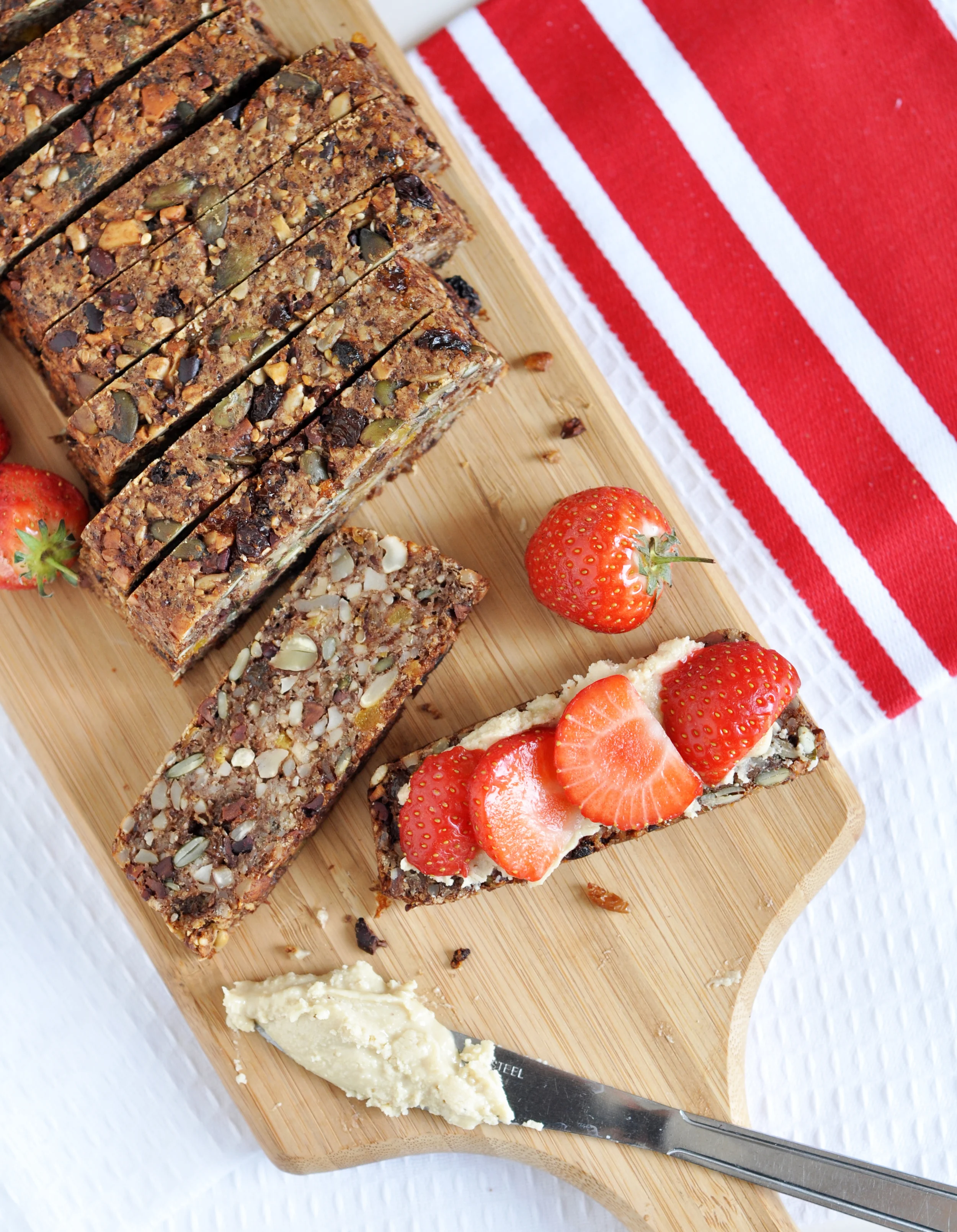 “This muesli bread hits the spot... it’s a cross between cake and bread. It has all the texture of fruit cake yet it is only slightly sweetened so perfect lightly toasted under the grill and served with a little jam or nut paste or some smashed up berries.”