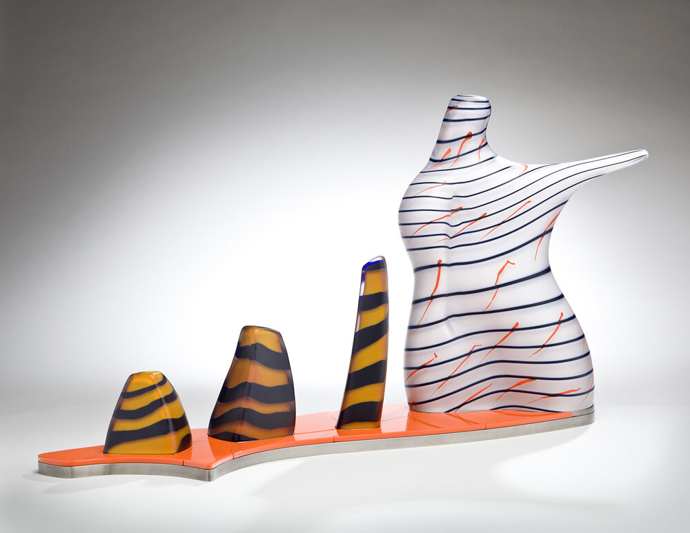    Conformity   2011. Blown glass, Vitrolite, nickel-plated aluminum, glass details. 28½ x 29½ x 9½” 