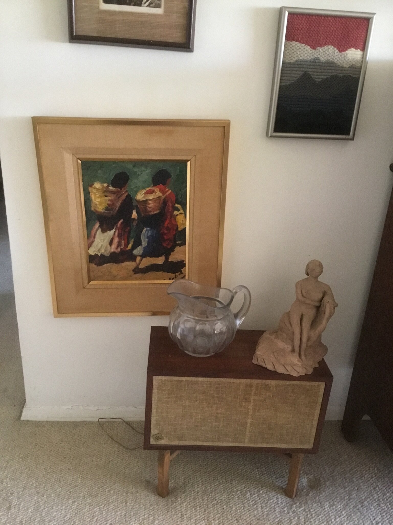 Glass pitcher, ceramic figure, framed needlepoint, speaker and oil painting