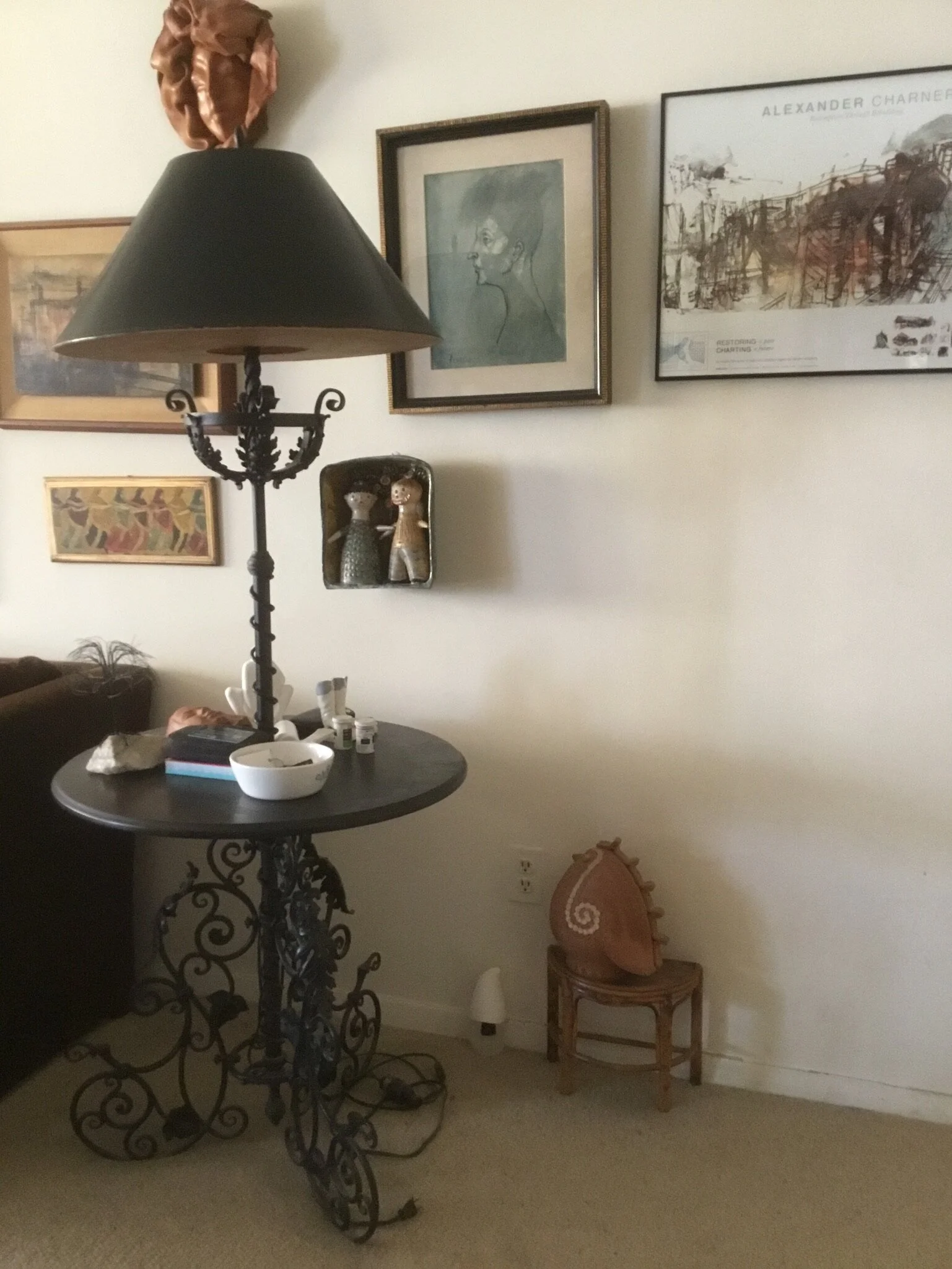 Side table/lamp with art