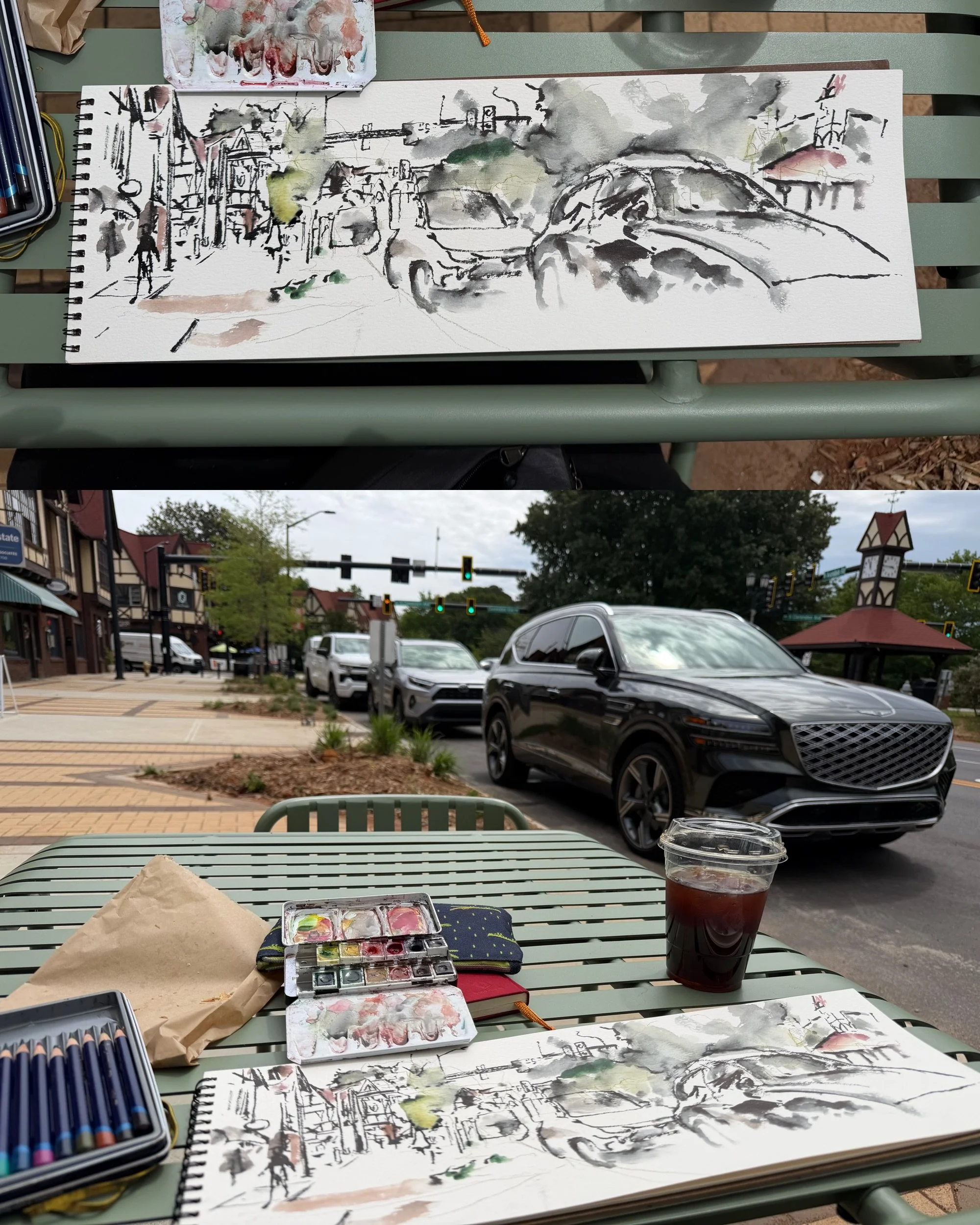My postcard exchange drawing for @Moudhipaints. Thank you to @galetteatl for your wonderful outdoor seating and delicious cold brew and pistachio croissant. @urbansketchers #uskweek2026 @urbansketchersguadalajara @urbansketcherstaxco @usk.morelia @us