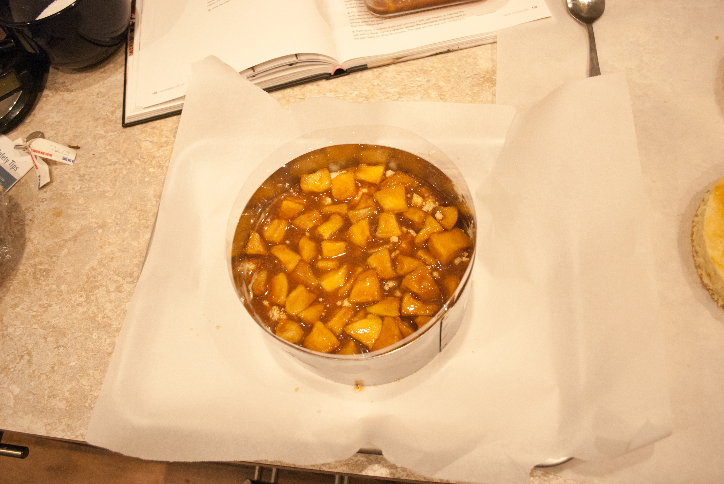 That's apple pie filling on top of pie crumb on top of liquid cheesecake.