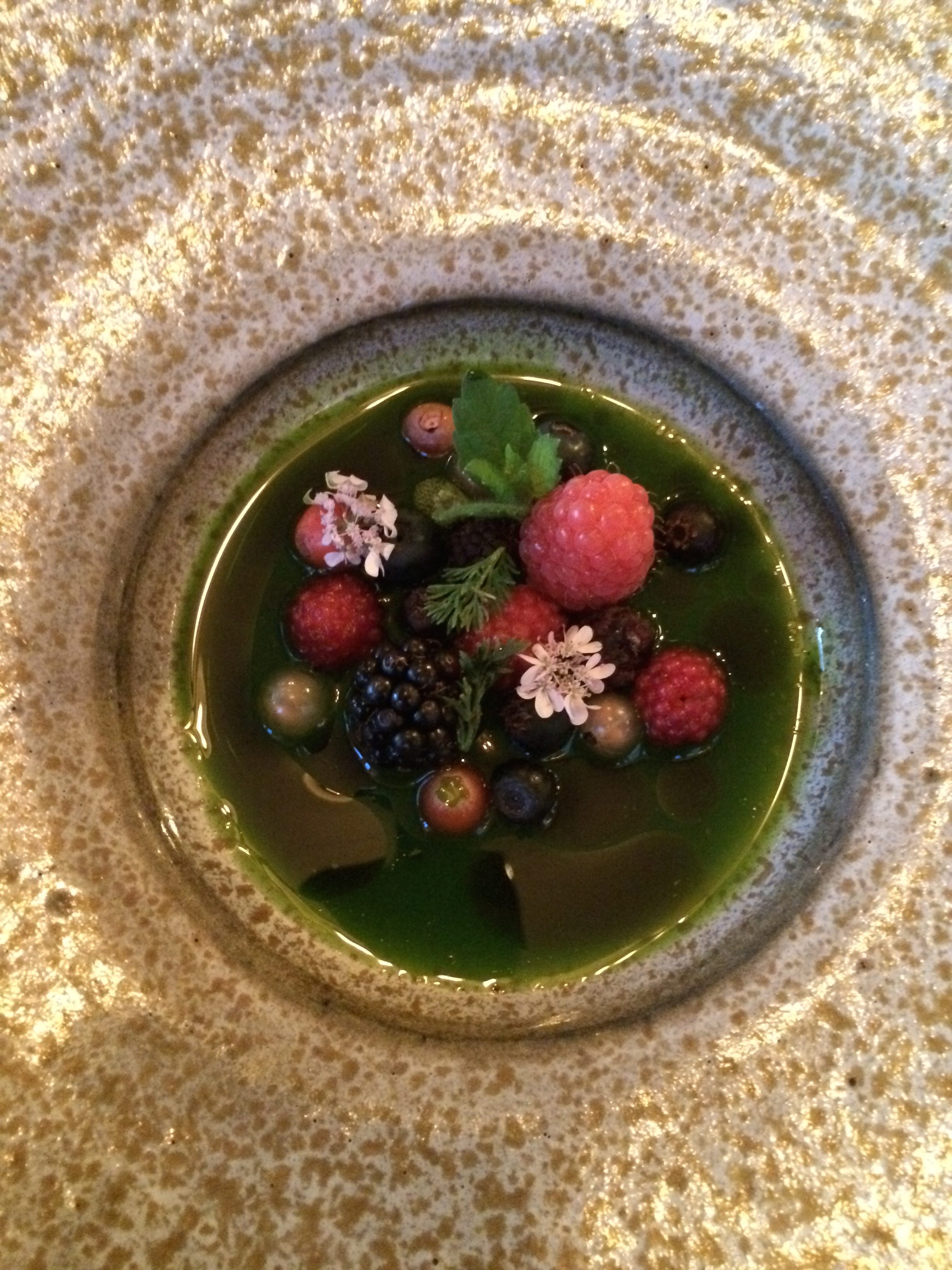Local berries in a grass broth.