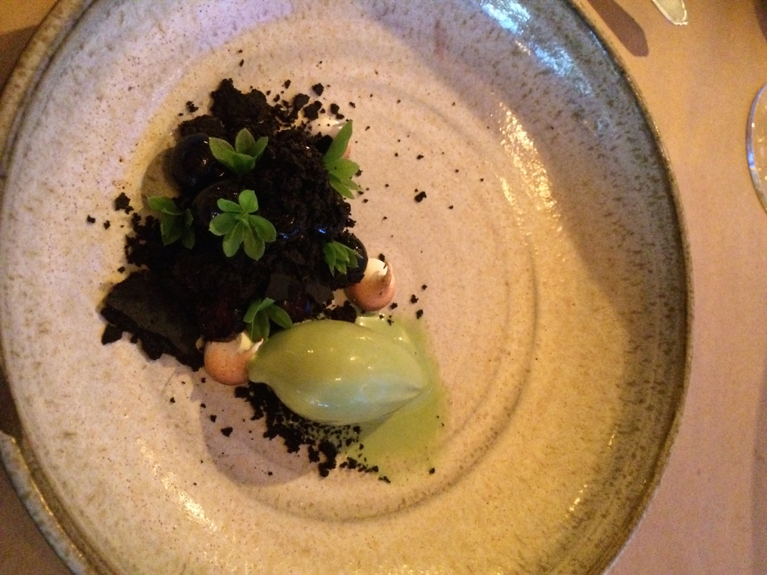 Blueberries and malt. Dollops of merengue-ish and ice cream I think they said was lovage, possibly purslane again.