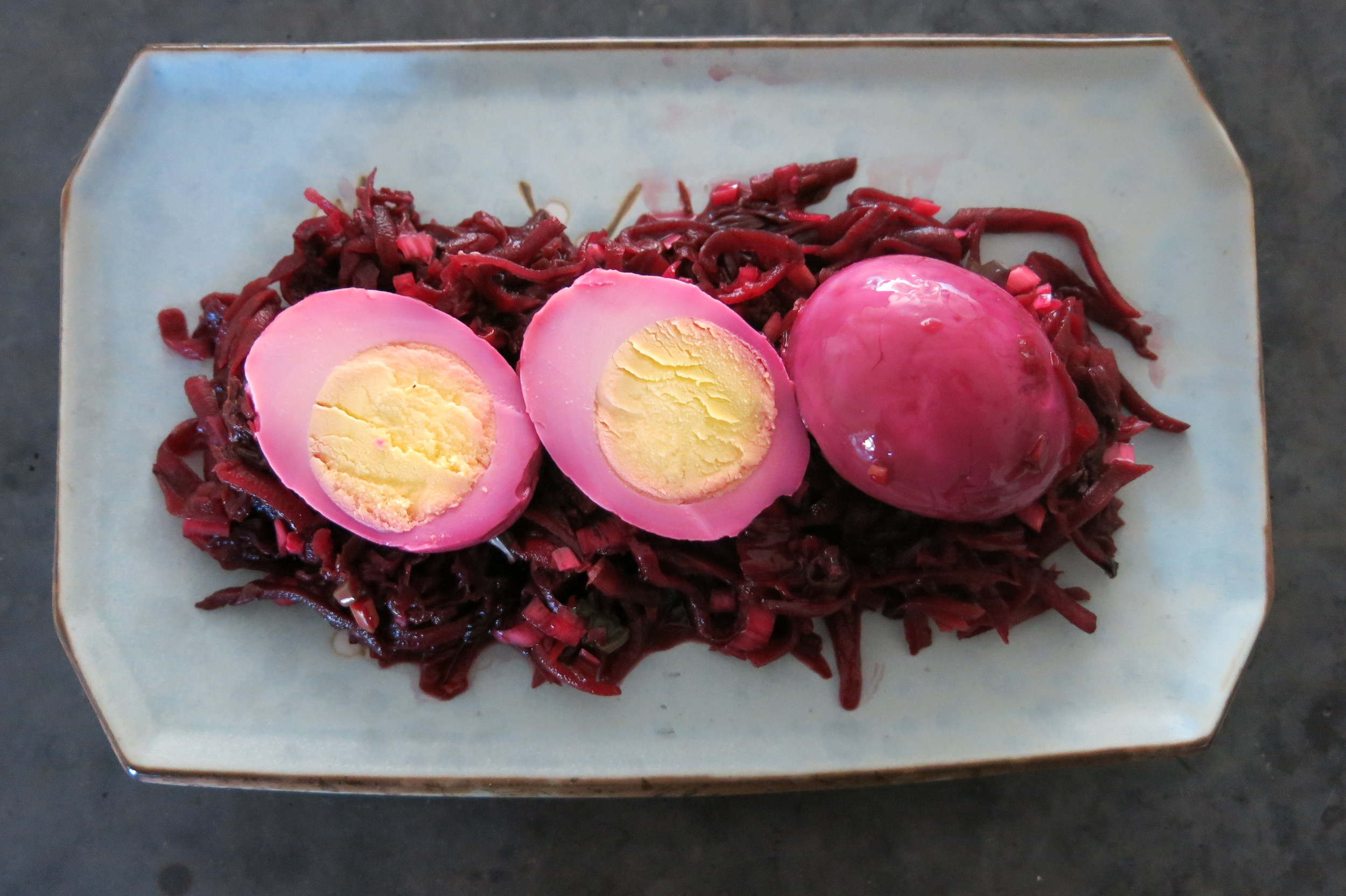 Ruby eggs in a beet kraut nest
