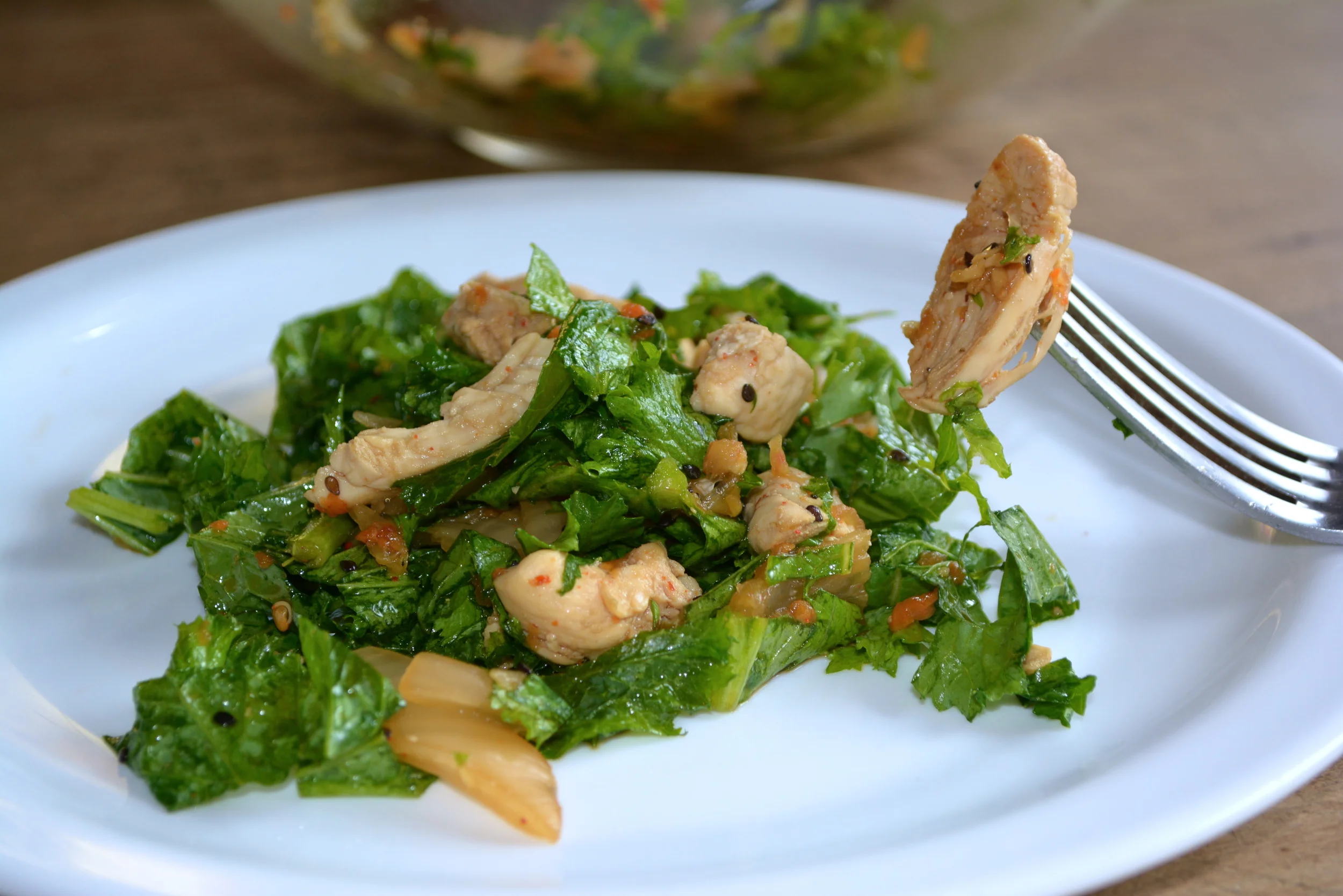 Mustard Greens, Fermented Kimchi, Chicken, and Sesame Seeds YUM