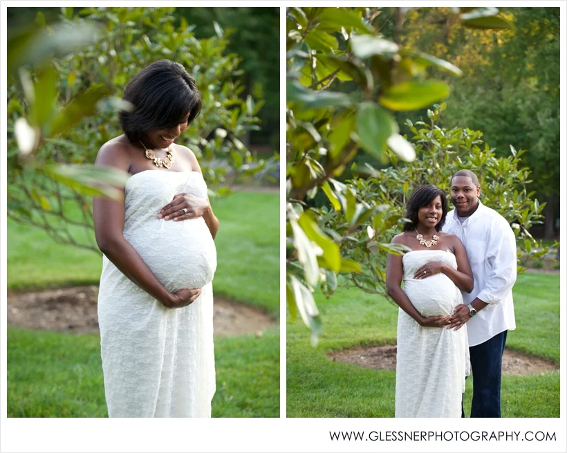 Expectant parents Kamisha and Adrian pose for their maternity portraits taken by High Point-based family photographer Glessner Photography at Tanger Family Bicentennial Gardens in Greensboro.