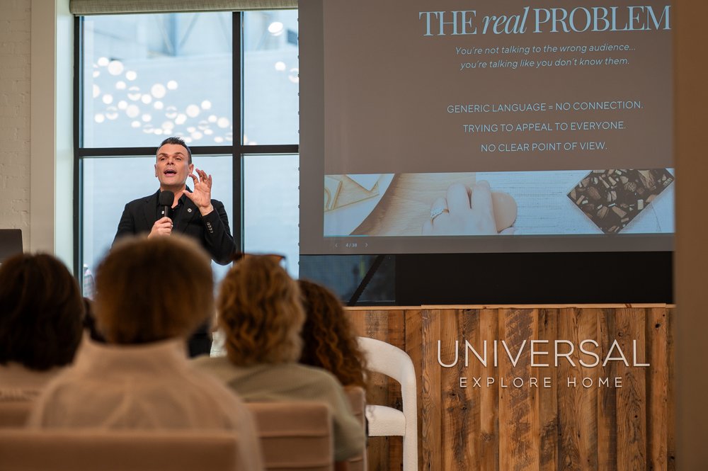  John McClain of John McClain Design (Los Angeles, NC) speaks to a full house at Universal Furniture in High Point, NC during High Point Market, April 2026. 