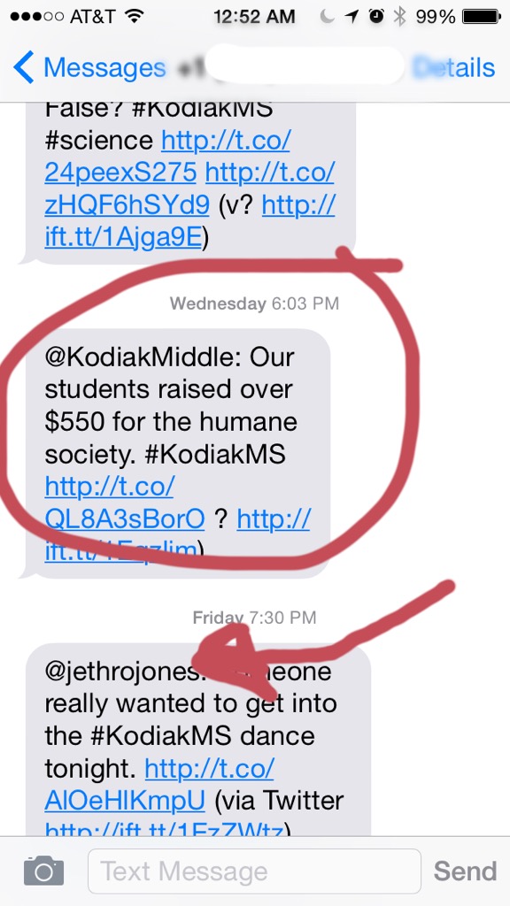 Same post is then texted to me (circled), and then you can see that any post with #KodiakMS comes to me, even from a different user. 