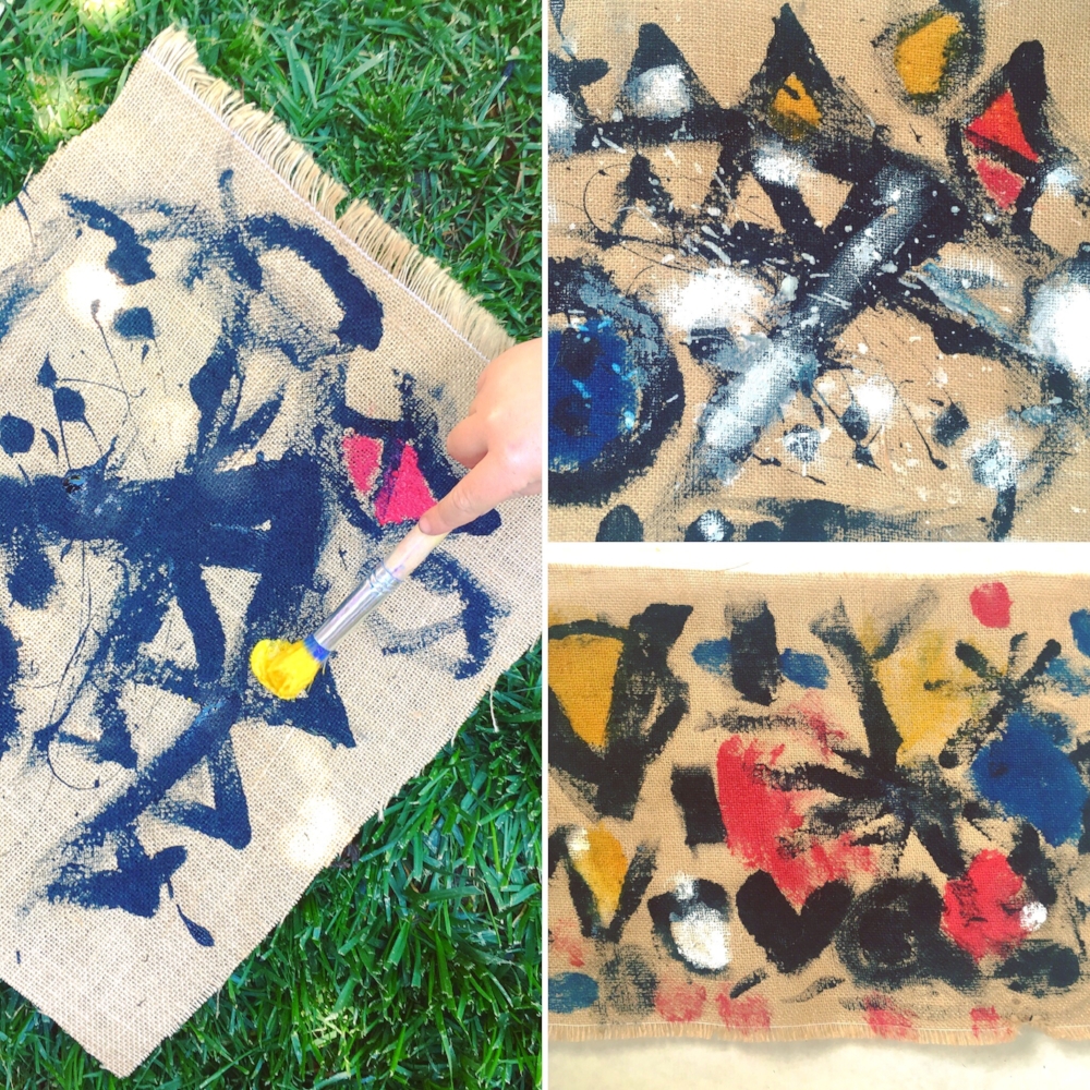 Adding shapes and painting movement created modern burlap canvases with joyful energy.