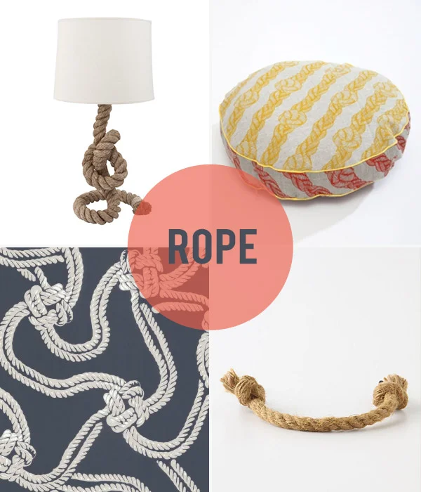 Clockwise: Pier Rope Table Lamp (40 x 40 x 82cm), $149, Freedom . Circle cushion (40cm diameter), $165, Nancybird . Pliant Rope Handle (7in), USD$12, Sibella Court for Anthropologie . Rope 93/9032 wallpaper, Cole & Son .