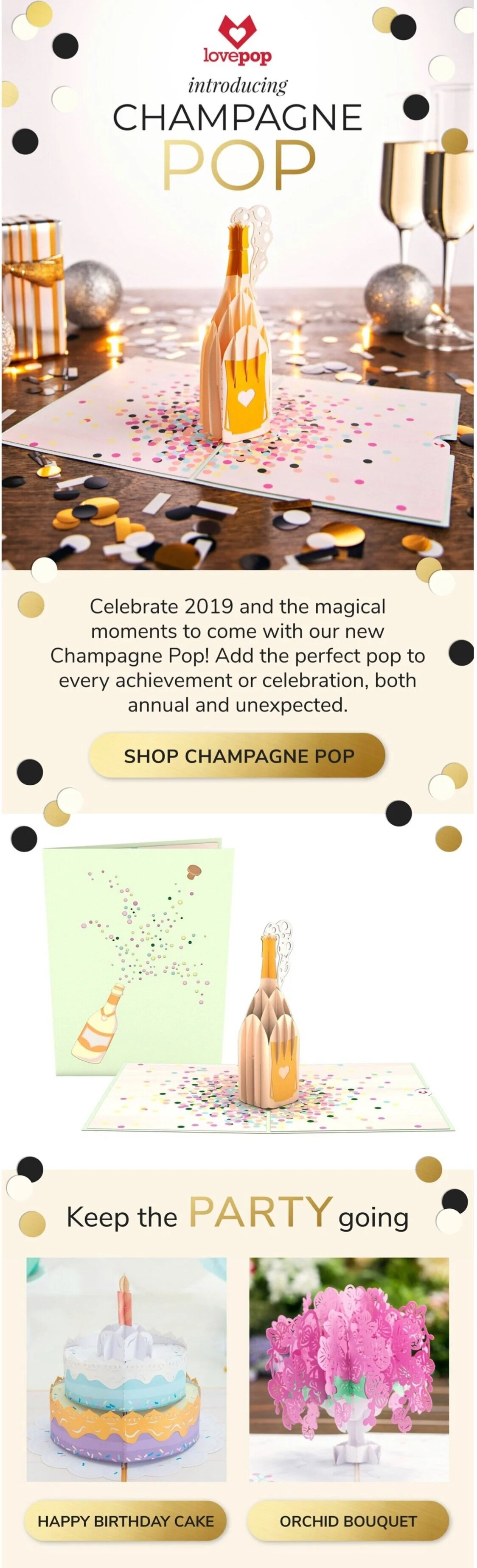 Lovepop Cards new design email launch: Champagne Pop