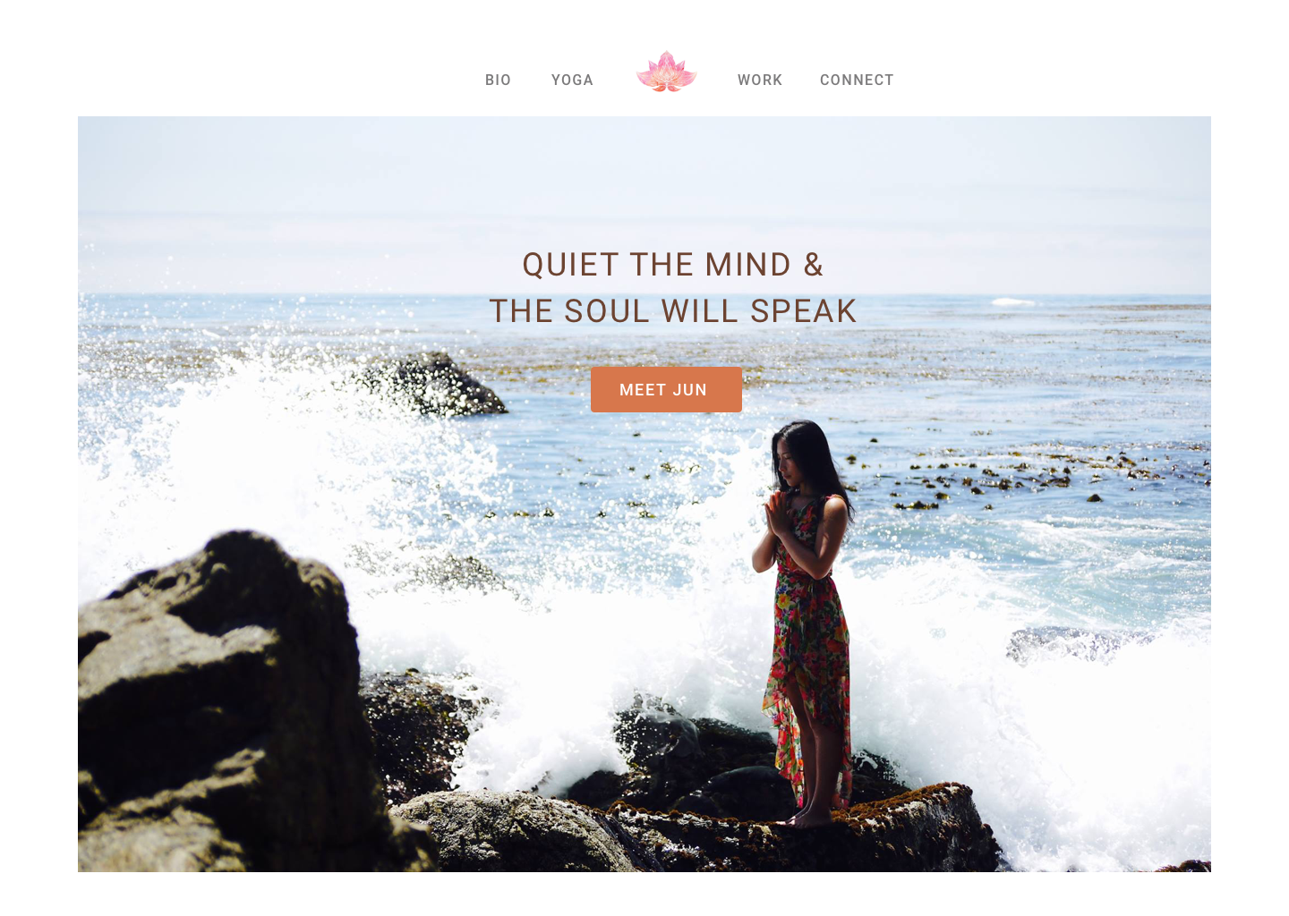 Symmetrical navigation layout, subtle use of peachy accent color for CTA, and a cover photo that shows energy and harmony in Jun’s personality.