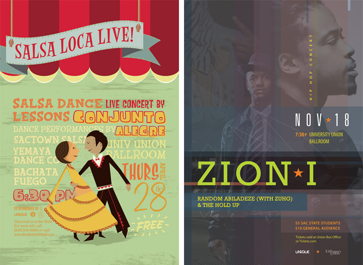 Salsa Loca poster, designed by Peter Duong; Zion I concert poster, designed by Eugene Bae Park