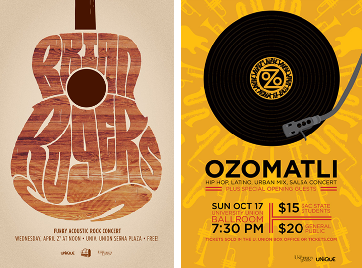 Brian Rogers gig poster, designed by Kyle Marks; Ozomatli concert poster, designed by Christine Jackson